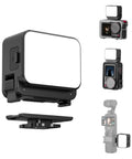 Lil Portable Mini LED Video Light for Action Cameras with Cold Shoe and Quick Release Mounts, shown with Osmo Action and GoPro.