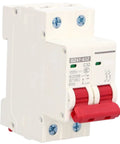 Rock Solid Two Pole DC Disconnect Switch With No Sweat DIN Rail Snap On Mount And Bipolar Load Cut For 1000V Panels, front view.