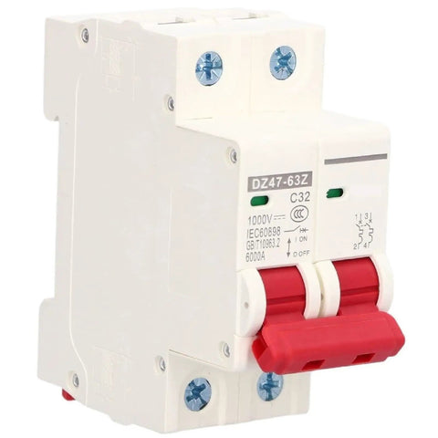 Rock Solid Two Pole DC Disconnect Switch With No Sweat DIN Rail Snap On Mount And Bipolar Load Cut For 1000V Panels, front view.