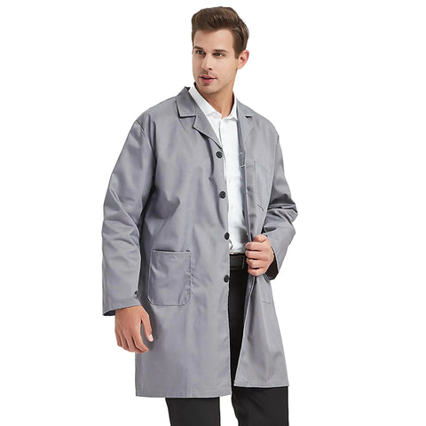 Unisex Lab Coat Scrubs Jacket For Med Pros, Long Sleeve Notch Collar, 2 Waist Pockets And 1 Chest Pocket, Button Closure, Gray, XL