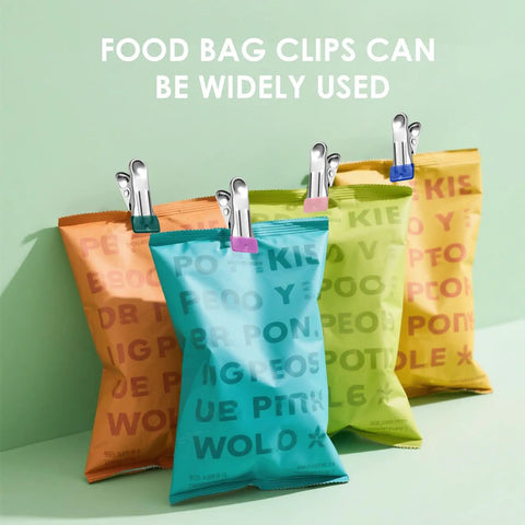 Hefty Grip Stainless Steel Clothes Pins, 36 Pack Rust Resistant Clip Set For Laundry And Pantry Organization with colorful bag clips.