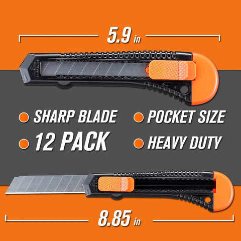 REXBETI 12-pack retractable utility knife with orange slider and black body, 18mm blade