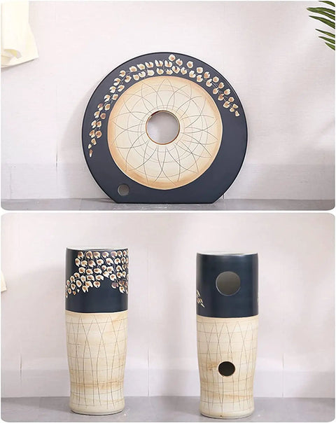 UYTROPLK Ceramic Bathroom Sink Retro Industrial Style Pedestal Ceramics Basin, Balcony Countertop Washbasin side view with floral design.