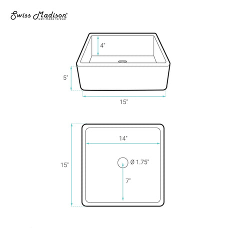 15 Inch Square Concrete Vessel Sink For Bathrooms In Dark Grey Above Counter Installation Stain Resistant Non Porous Concrete No Faucet Holes For Wall Mounted Faucets Modern Durable Vessel Basin dimensions diagram