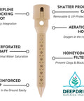 Diagram of Super Handy Eight Inch Deep Root Watering Stakes Four Pack in Tan with features labeled, including UV-protected cap, perforated shaft