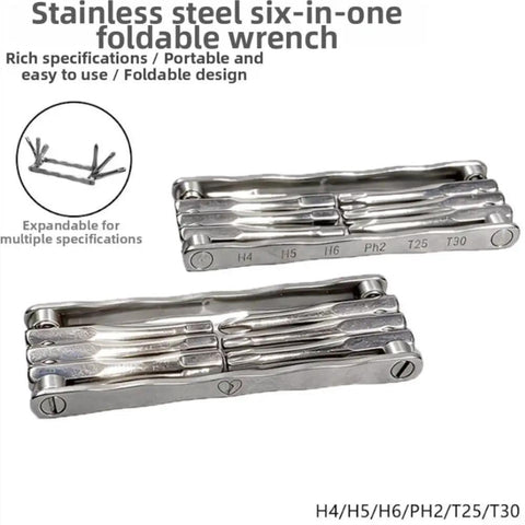 Top Tier Stainless Steel Folding Wrench Kit With Hex And Torx Bits For DIY Fixes, Home Repairs, And Garage Jobs That Get The Job Done Right And Fast, 91x32mm