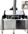 Close-up of a stainless steel hanger alignment gauge for mountain biking and road bikes with universal fit for 20-29 inch wheels.