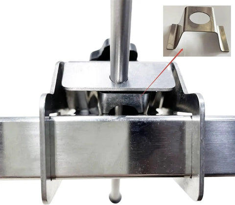 Close-up of a stainless steel hanger alignment gauge for mountain biking and road bikes with universal fit for 20-29 inch wheels.