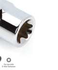 Close-up of chrome external star socket in Three Eighths Inch Drive Torx Bit Set With External Star Sockets And Case, 36-Piece T10 To T60 TR10 To TR60 E4 To E20, Pro Grade For Automotive Maintenance, Repairs, Engine Bay Work, And DIY Shop Upgrades.