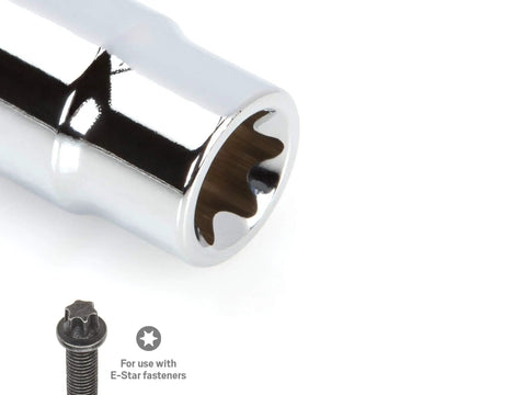 Close-up of chrome external star socket in Three Eighths Inch Drive Torx Bit Set With External Star Sockets And Case, 36-Piece T10 To T60 TR10 To TR60 E4 To E20, Pro Grade For Automotive Maintenance, Repairs, Engine Bay Work, And DIY Shop Upgrades.