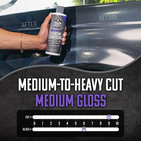Person using Insynchro Supreme Extreme Compound Ultra Heavy Cut For Deep Scratches, Swirls, And Severe Oxidation on car surface