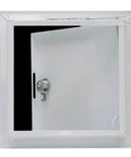 Heavy Duty Boss Grade 6X6 Inch Galvanized Steel Access Panel With Secure Lock And Key open to reveal interior for HVAC and plumbing access.