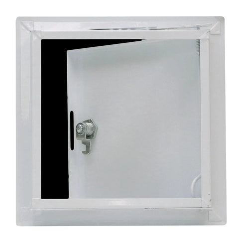 Heavy Duty Boss Grade 6X6 Inch Galvanized Steel Access Panel With Secure Lock And Key open to reveal interior for HVAC and plumbing access.