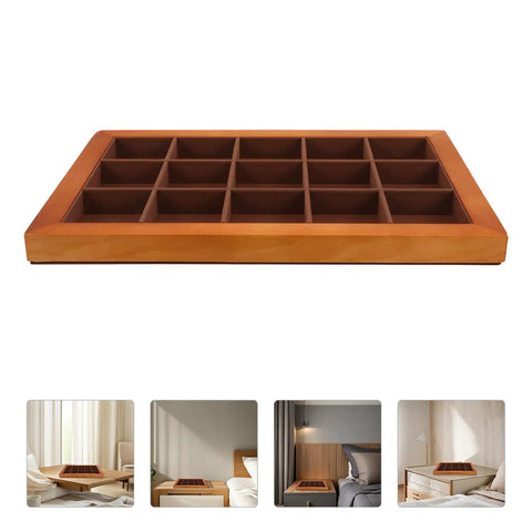 Top Shelf Solid Walnut Wood Jewelry Tray Organizer With Fifteen Grids For Rings Necklaces And Bracelets Compact Vanity Storage Display Plate For Counters, viewed from above with empty compartments.
