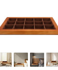 Premium Walnut Wood Jewelry Tray With 15 Grid Compartments, slick ring bracelet necklace organizer plate on a bedside table.
