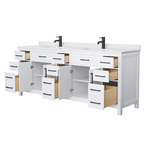 Killer 84 Inch Double Bathroom Vanity In White With Hella Smooth Cultured Marble Countertop And Undermount Square Sinks Paired With Sleek Matte Black Hardware showing open storage and sleek design.