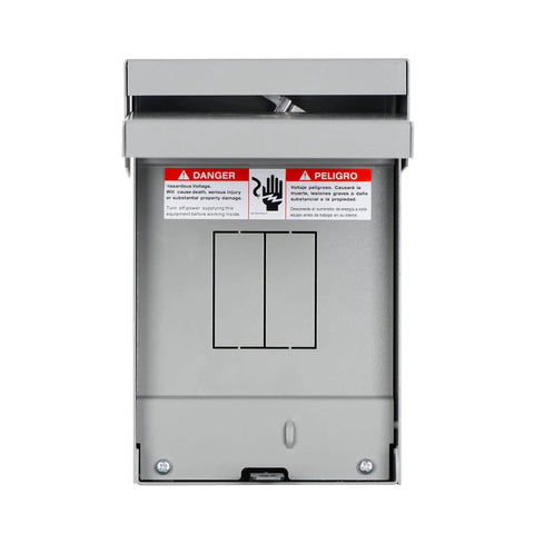60 Amp Outdoor Circuit Breaker Box With 2 Spaces And 4 Circuits, 120/240V Single Phase 3 Wire, Solid Neutral, Gray Enamel Finish, CSA UL Listed, NEC Compliant, 9.5 Inch By 6 Inch By 5 Inch Box front view