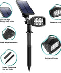 Solar Outdoor Lights 2 Pack With 6 LED Waterproof Spotlight featuring solar panel, LED beads, and ground stake components.