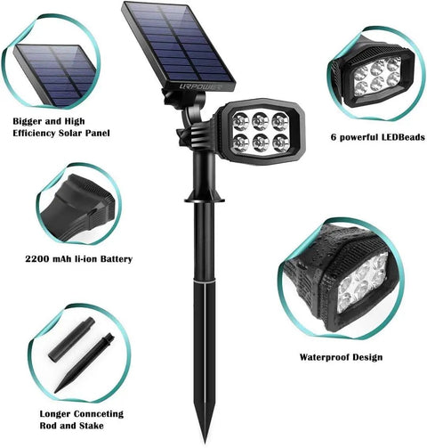 Solar Outdoor Lights 2 Pack With 6 LED Waterproof Spotlight featuring solar panel, LED beads, and ground stake components.
