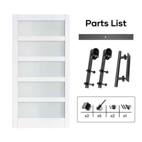 42x84 Inch Glass Barn Door Slab With 7Ft Sliding Hardware Kit And Handle, Five Frosted Glass Panels, LVL Core With White PVC Surface
