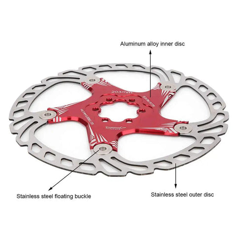 Heavy Duty Mountain Bike Brake Pads 203mm Disc Pads showing aluminum alloy inner disc and stainless steel outer disc in bold red design.