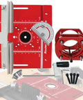 Heavy Duty Router Lift Kit And Flip Plate Insert With Smooth Height Tuning For 65 mm Motor Bodies, red aluminum components angled view.