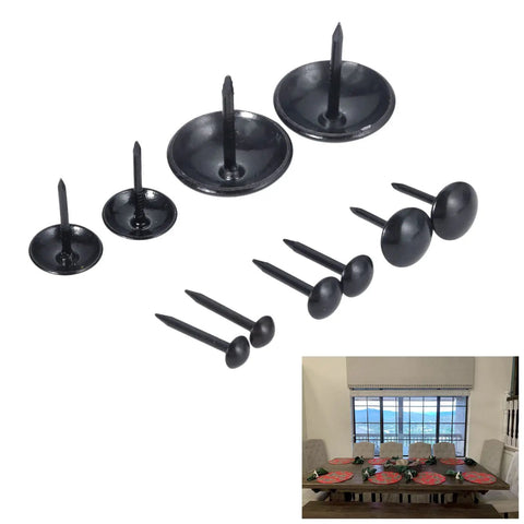 Premium Black Iron Round Head Upholstery Nails And Smooth Furniture Decorative Tacks stock showing various sizes of tacks.