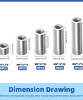 Top Shelf M8 Cylindrical Coupling Nuts 29 Piece Assorted Kit Built From Solid 304 Stainless Steel Metric Thread 8 Through 30mm dimensions illustration.