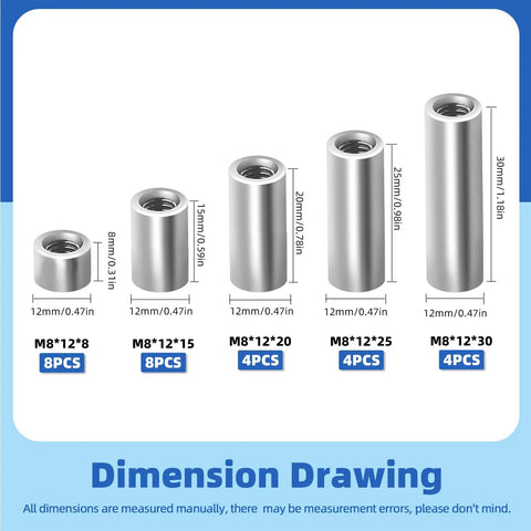 Top Shelf M8 Cylindrical Coupling Nuts 29 Piece Assorted Kit Built From Solid 304 Stainless Steel Metric Thread 8 Through 30mm dimensions illustration.