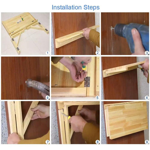 Installation steps for Fold Away Wall Table In Natural Wood, 31.4 By 23.6 Inches, showing secure wall mounting process.
