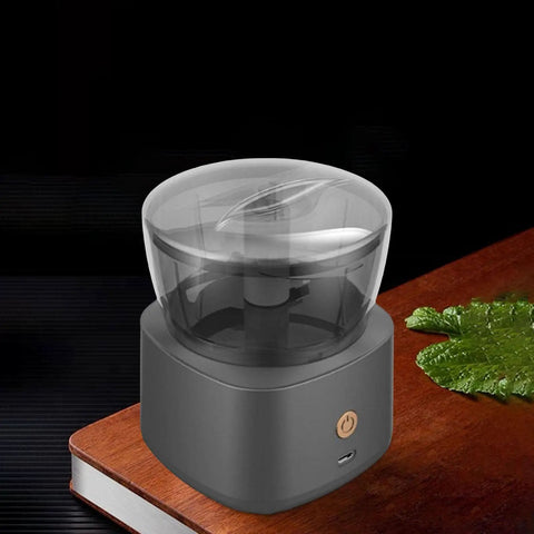 DimyFew Portable Electric Meat Grinder With Stainless Steel Blade And Non Slip Handle, grey food processor on wooden surface.
