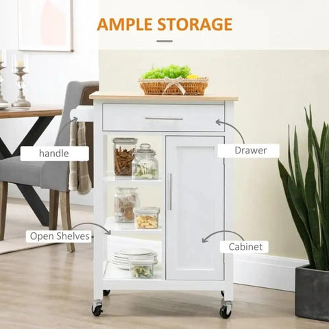 Gonna Love This Smooth Rollin Kitchen Island Cart Featuring Hella Roomy Storage Adjustable Shelves, white MDF with drawers, cabinet, and open shelves.