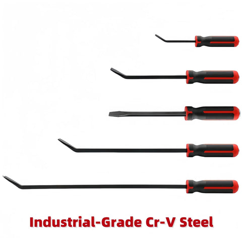 Beefy Heavy Duty Pry Bar Set With Angled And Straight Heads Including 8 Inch, 12 Inch, 18 Inch, And 24 Inch Crowbars shown