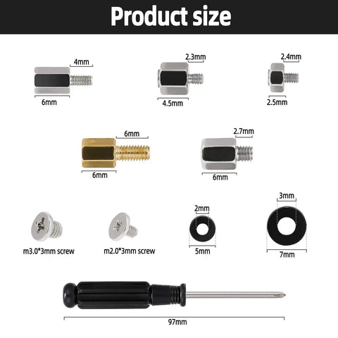46 Pieces NVMe M.2 SSD Mounting Screws Kit With Magnetic Screwdriver, showcasing various screw and standoff sizes with measurements.