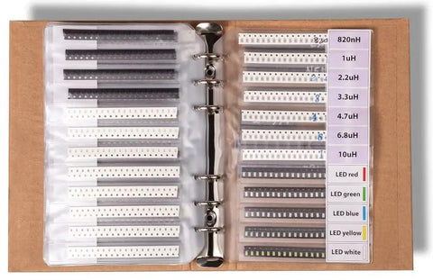 1206 SMT Electronic Components Book Kit With 5435 Pieces Including Resistors Capacitors Transistors And Diodes For Pro Projects And DIYers Great For Repair Prototyping And Learning Electronics showing organized compartments of components in binder.