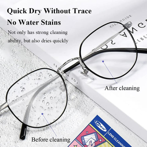 Glasses lens wipes, front view of round metal eyeglasses with 300 individually wrapped wipes