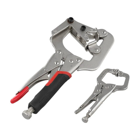 Solid Locking Clamp Set Featuring 10 Inch Welding Pipe Plier And 5 Inch Mini C-Clamp with rubberized handles for secure grip on pipes.