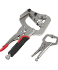 Solid Locking Clamp Set Featuring 10 Inch Welding Pipe Plier And 5 Inch Mini C-Clamp With Ergonomic Rubberized Handles on workbench.