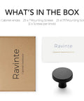 Packaging and components for Matte Black Round Cabinet Knobs 25 Pack, 1-1/4 Inch Drawer Pulls with screws and customer service card.