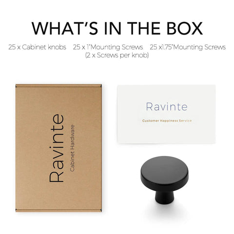Packaging and components for Matte Black Round Cabinet Knobs 25 Pack, 1-1/4 Inch Drawer Pulls with screws and customer service card.
