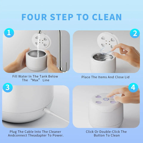 Ultrasonic Retainer Cleaner For Aligners And Mouth Guards, 45KHz Deep Cleaning, showing step-by-step cleaning instructions