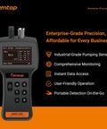 Top Notch Handheld Particle Counter Featuring Pm1 Pm25 Pm10 Air Quality Monitoring And Iso Certified Aerosol Detection Bringing Spot On Accuracy To Cleanrooms Labs And Medical Facilities Daily, showing device display and controls.