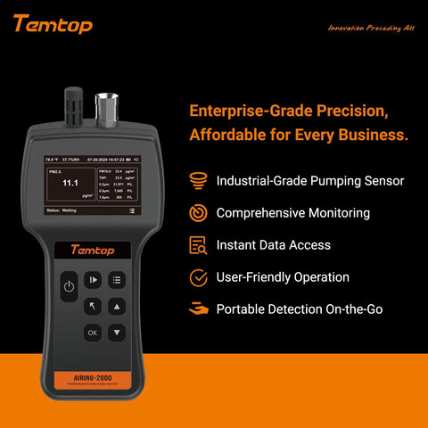 Top Notch Handheld Particle Counter Featuring Pm1 Pm25 Pm10 Air Quality Monitoring And Iso Certified Aerosol Detection Bringing Spot On Accuracy To Cleanrooms Labs And Medical Facilities Daily, showing device display and controls.
