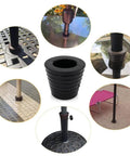 Durable Rubber Patio Umbrella Cone Wedge Plug For Table Hole Openings Two To Two And A Half Inches Fits Poles Up To One And A Half Inches Black Easy Install No Slip Table Hole Cover For Outdoor Dining Set with six different angles and uses shown, highlighting its versatile application in various patio setups.