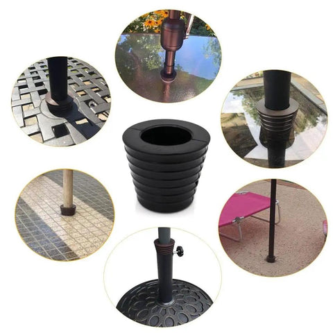 Durable Rubber Patio Umbrella Cone Wedge Plug For Table Hole Openings Two To Two And A Half Inches Fits Poles Up To One And A Half Inches Black Easy Install No Slip Table Hole Cover For Outdoor Dining Set with six different angles and uses shown, highlighting its versatile application in various patio setups.