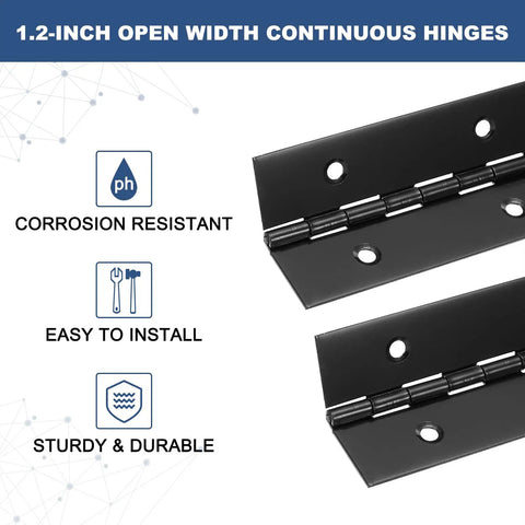 Hella Durable Black 24 X 2 Inch Stainless Steel Piano Hinge With Pre Drilled Holes For Heavy Gates Doors Wood Cabinets And Boat Projects Comes Dead Ready To Install With All Necessary Screws Included, close-up view.