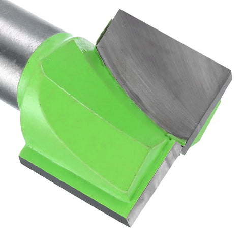 Bottom Cleaning Router Bit Pro Grade With 1/2 Inch Shank Carbide Tipped For Spoilboard Surfacing Planing And Slab Flattening In Woodworking CNC Mortising Bit 1 Inch Cutting Diameter 25/32 Inch Depth Green Silver Finish close-up view