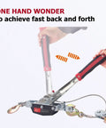 Heavy Duty 5 Ton Come Along Winch with red rubber grips, demonstrating one-hand operation for easy pulling tasks.