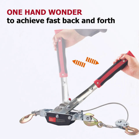 Heavy Duty 5 Ton Come Along Winch with red rubber grips, demonstrating one-hand operation for easy pulling tasks.