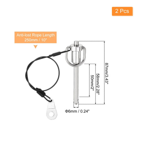 Two Pack 1/4 Inch By 2 Inch Quick Release Pins, Stainless Steel Ball Locking Pins With Ring Handle And Wire, 304 Marine Grade, Silver